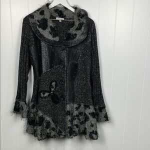 Adore Womens Knit Sweater/Tunic L Gray Black Metallic Thread Button Down Collar